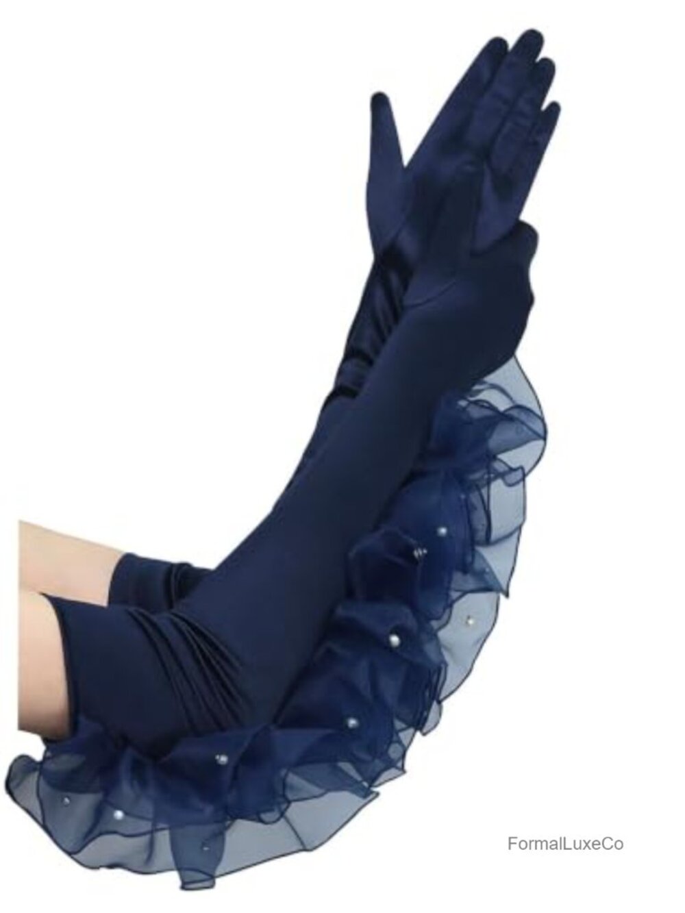Long Satin Opera Gloves Side Ruffles Pearl Cuff Formal Evening Party